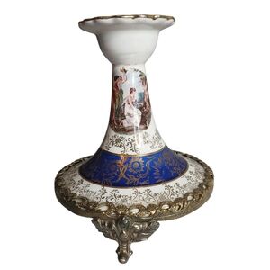 La Chateau French Faience Candlestick Holders Hand Painted Porcelain Gilt Metal